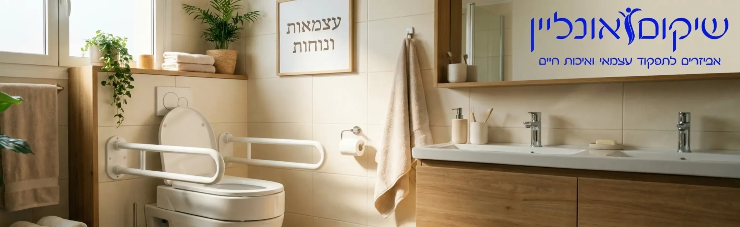 צילום תקריב של חדר נוחיות נגיש ובטיחותי, המציג אסלה עם הגבהה מודרנית וידיות אחיזה לבנות משני הצדדים, באווירה מוארת וביתית המשדרת ניקיון, עצמאות ונוחות