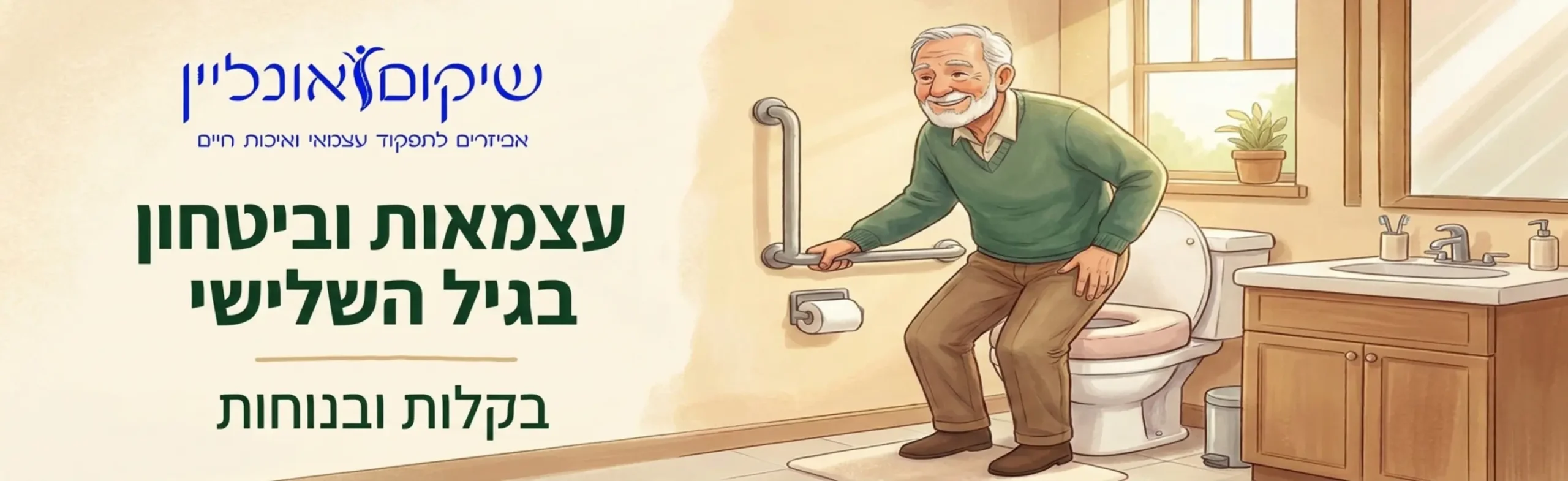 איור של אדם מבוגר מחייך הנעזר במאחז קיר בטיחותי כדי לקום בקלות ממושב אסלה מוגבה ורך, משדר תחושת ביטחון ועצמאות