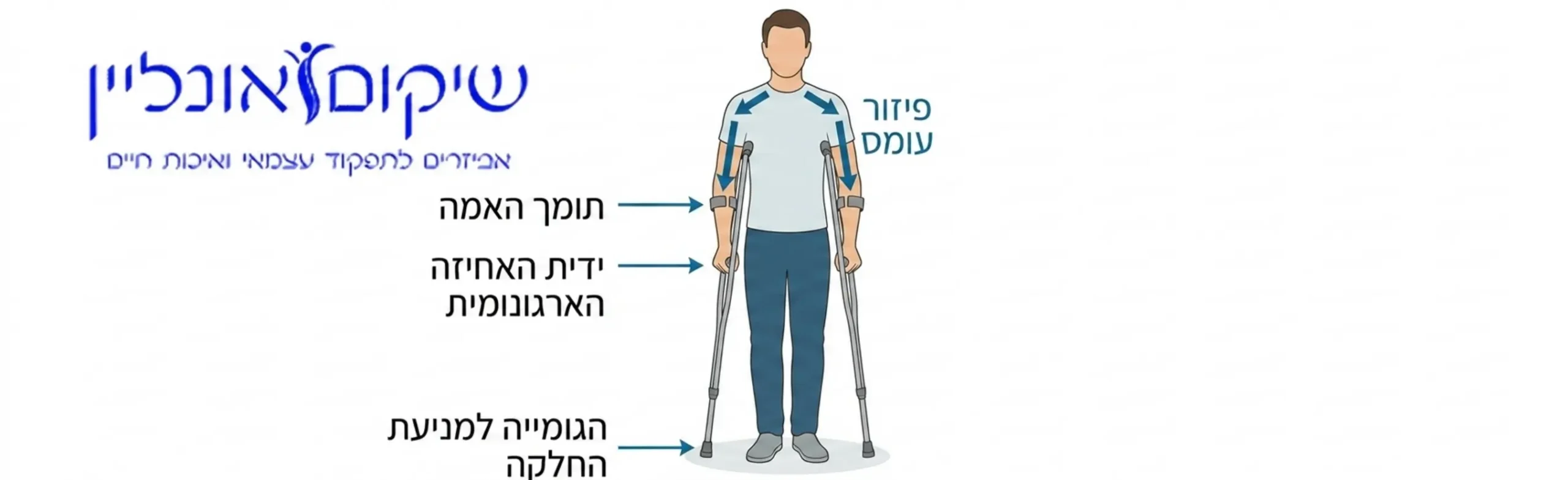 אינפוגרפיקה המציגה אדם משתמש בקביים קנדיות עם פירוט החלקים השונים: תומך האמה, ידית האחיזה הארגונומית והגומייה בתחתית למניעת החלקה, כולל חיצים המראים את חלוקת העומס הנכונה על פלג הגוף העליון