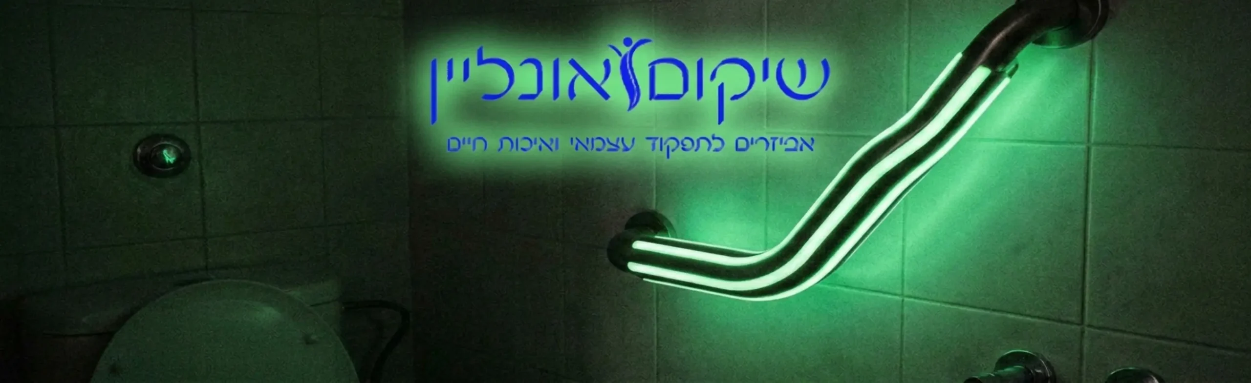 צילום תקריב של חדר נוחיות חשוך למחצה, בו מותקן מאחז יד ארגונומי בעל פסים זוהרים בחושך המאירים באור ירקרק, הממחיש כיצד ניתן לאתר את אמצעי התמיכה ללא צורך בהדלקת האור הראשי