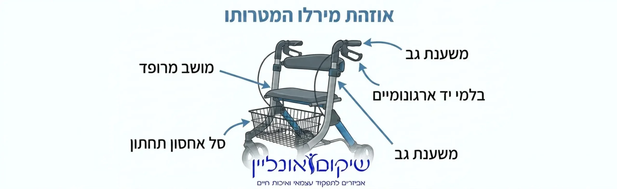 אינפוגרפיקה המציגה את האנטומיה של רולטור אידיאלי: חצים המצביעים על מושב מרופד, בלמי יד ארגונומיים, משענת גב וסל אחסון תחתון