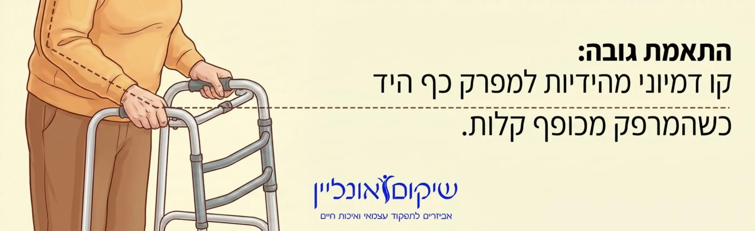 איור של אדם מבוגר עומד בתוך מסגרת של הליכון אלומיניום. קו מקווקו מדגים את ההתאמה המדויקת בין גובה פרק כף היד שלו לבין ידיות האחיזה של ההליכון, תוך כדי שמרפקיו מכופפים בזווית עדינה.