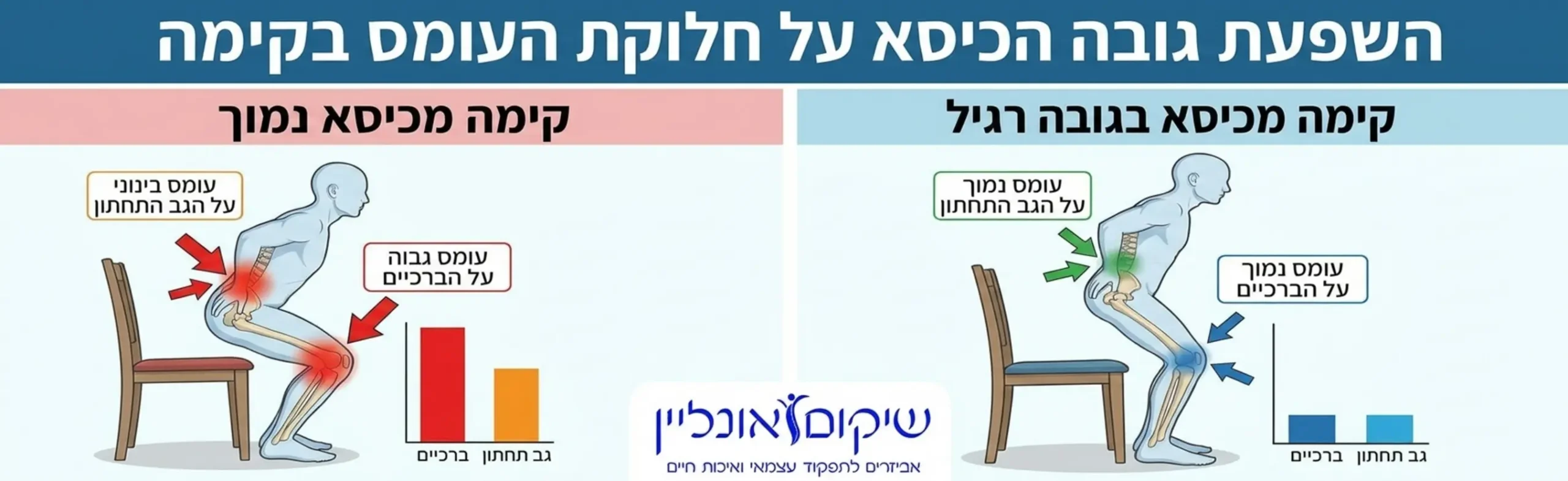 אינפוגרפיקה המציגה את חלוקת המשקל והעומס על הברכיים והגב התחתון בזמן קימה מכיסא נמוך לעומת כיסא בגובה רגיל