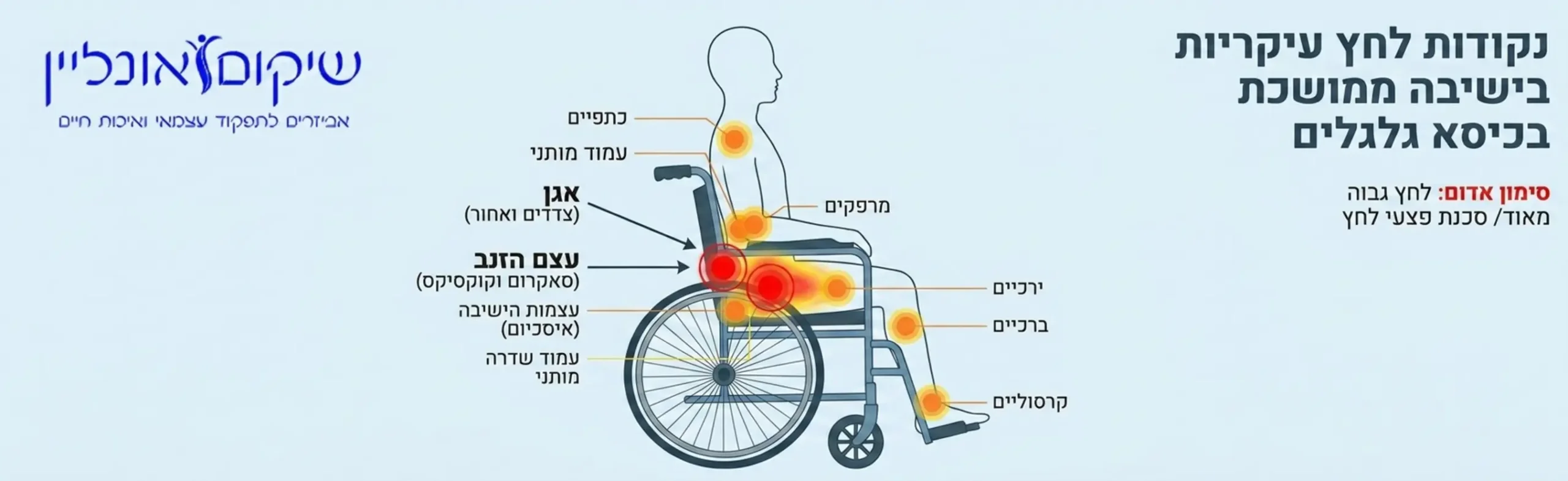 אינפוגרפיקה המדגימה את נקודות הלחץ העיקריות בגוף האדם בזמן ישיבה ממושכת בכיסא גלגלים עם סימון אדום באזורי האגן ועצם הזנב