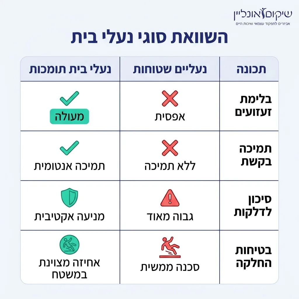 אינפוגרפיקה — השוואת סוגי נעלי בית: השוואה בין נעליים שטוחות, נעלי בית תומכות