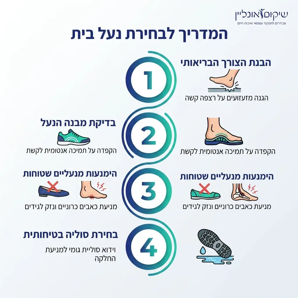 אינפוגרפיקה — המדריך לבחירת נעל בית: הבנת הצורך הבריאותי, בדיקת מבנה הנעל, הימנעות מנעליים שטוחות, בחירת סוליה בטיחותית