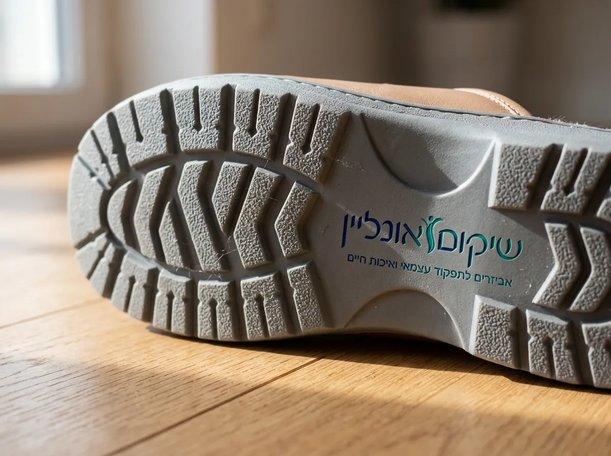 צילום תקריב פוטו-ריאליסטי של סוליית גומי עבה ואיכותית של נעל בית המונחת על רצפת פרקט, פוקוס חד על החריצים המונעים החלקה, תאורה טבעית המדגישה את הטקסטורה של הגומי