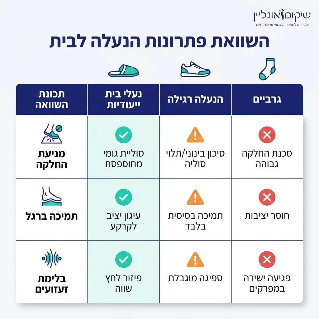 אינפוגרפיקה — השוואת פתרונות הנעלה לבית: השוואה בין נעלי בית ייעודיות, הנעלה רגילה וגרביים