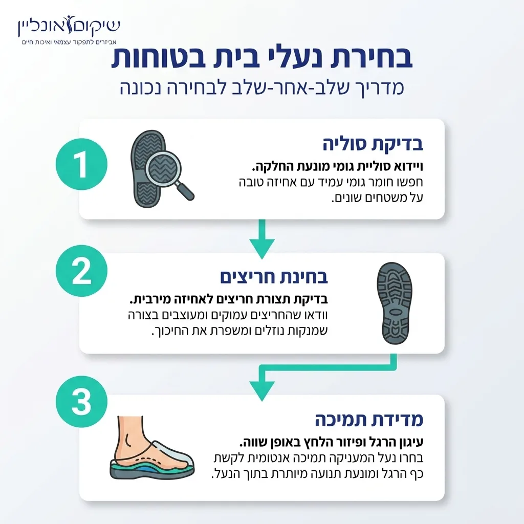 אינפוגרפיקה — בחירת נעלי בית בטוחות: בדיקת סוליה, בחינת חריצים, מדידת תמיכה