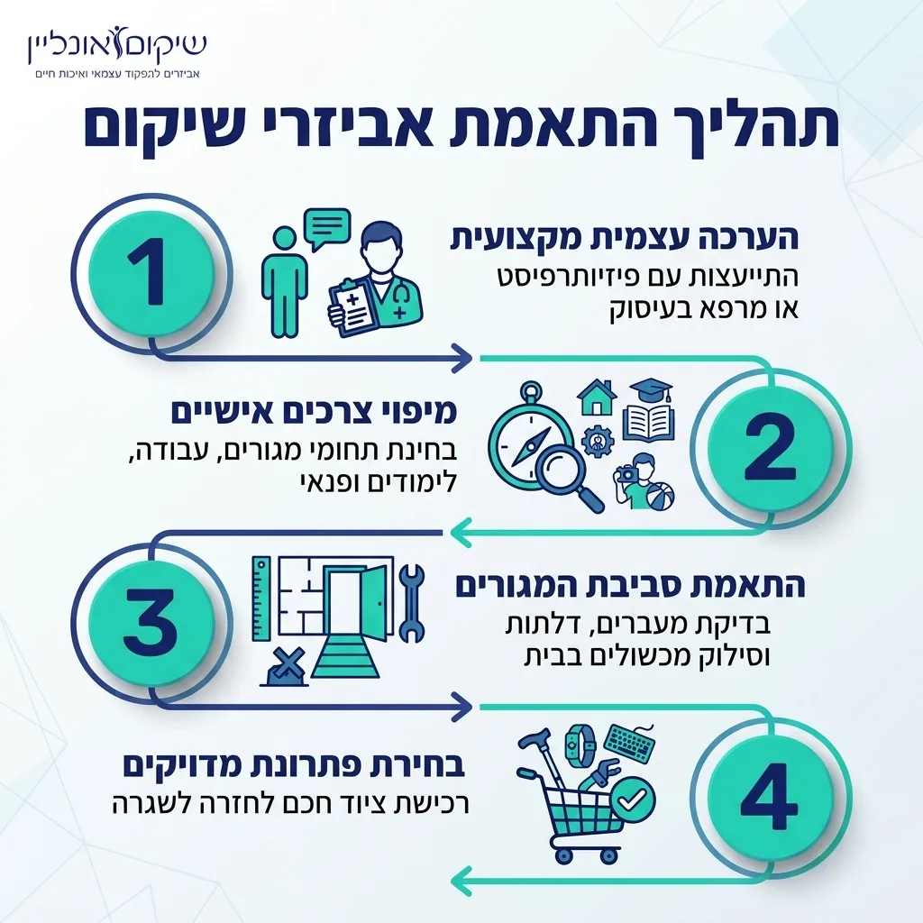 אינפוגרפיקה — תהליך התאמת אביזרי שיקום: הערכה עצמית מקצועית, מיפוי צרכים אישיים, התאמת סביבת המגורים, בחירת פתרונות מדויקים