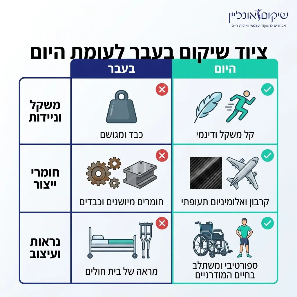 אינפוגרפיקה — ציוד שיקום בעבר לעומת היום: השוואה בין בעבר, היום