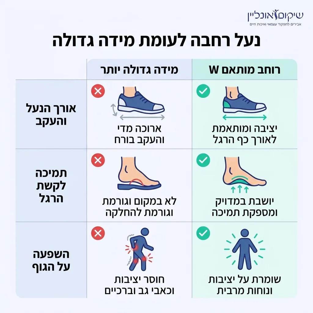 אינפוגרפיקה — נעל רחבה לעומת מידה גדולה: השוואה בין מידה גדולה יותר, רוחב מותאם W