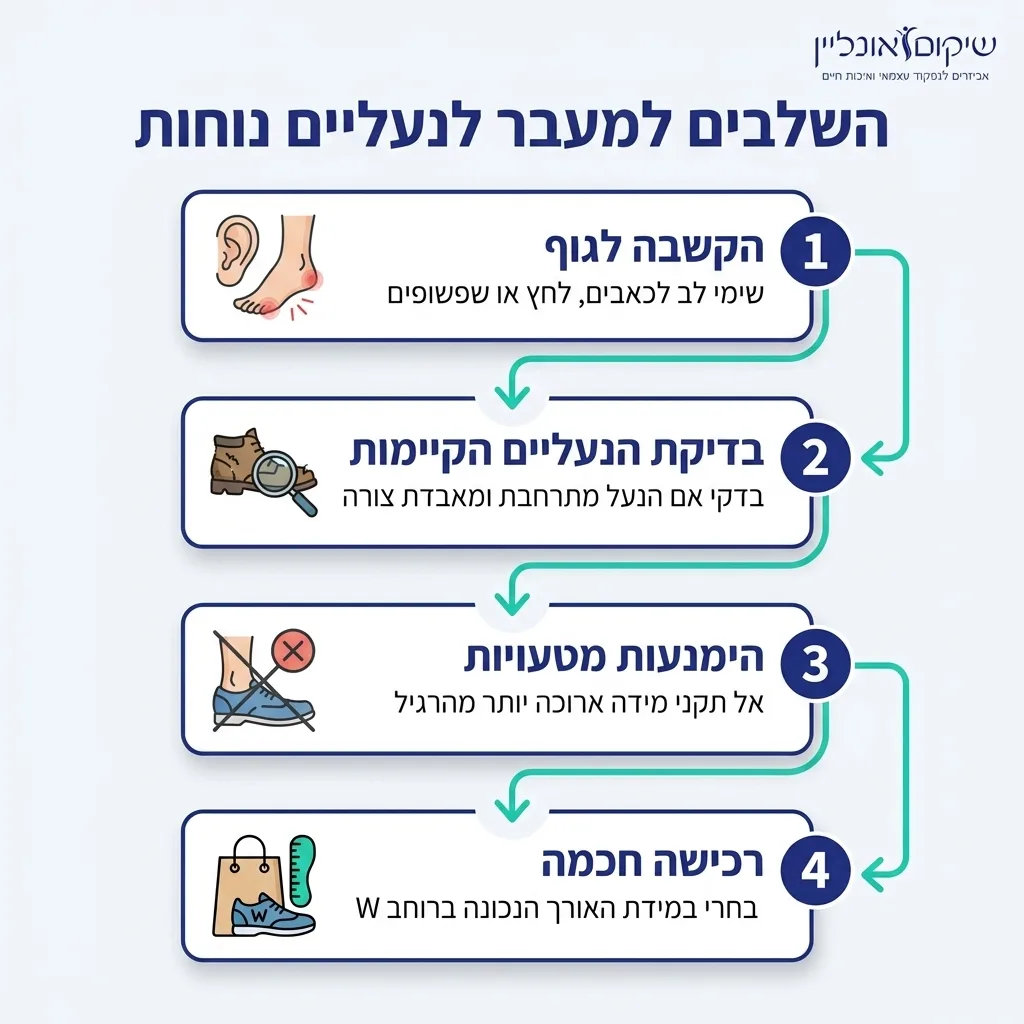 אינפוגרפיקה — השלבים למעבר לנעליים נוחות: הקשבה לגוף, בדיקת הנעליים הקיימות, הימנעות מטעויות, רכישה חכמה