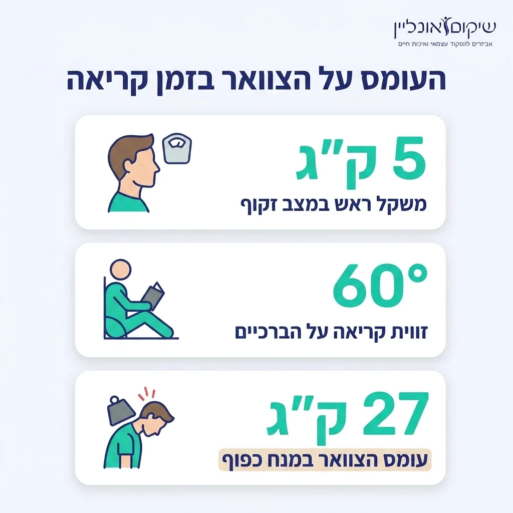 אינפוגרפיקה — העומס על הצוואר בזמן קריאה: משקל ראש במצב זקוף, זווית קריאה על הברכיים, עומס הצוואר במנח כפוף