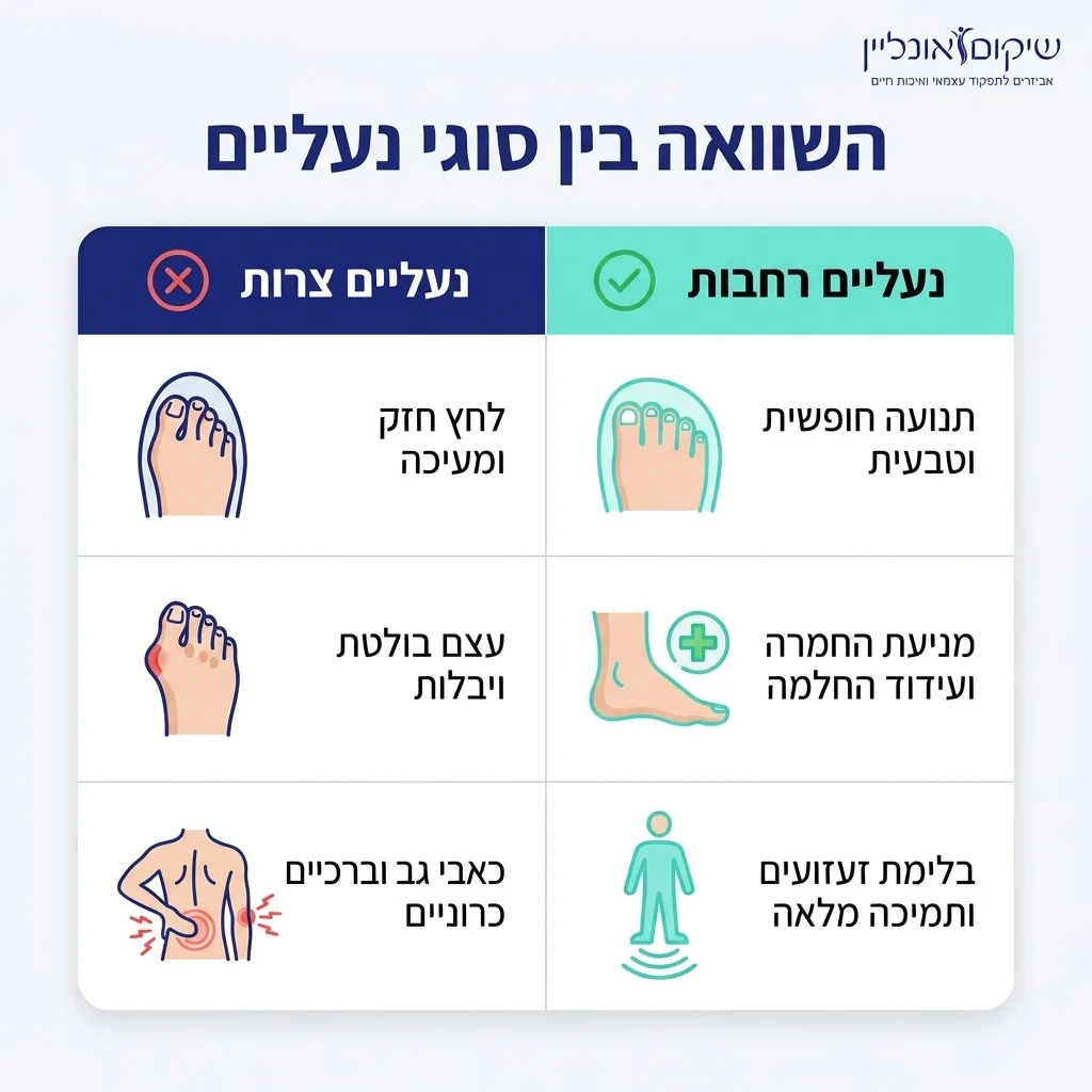 אינפוגרפיקה — השוואה בין סוגי נעליים: השוואה בין נעליים צרות, נעליים רחבות
