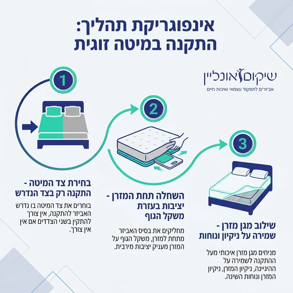 אינפוגרפיקה — התקנה במיטה זוגית: בחירת צד המיטה, השחלה תחת המזרן, שילוב מגן מזרן